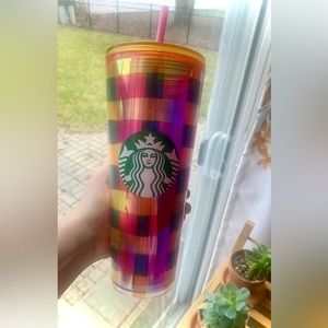 STARBUCKS Tumbler 24oz VENTI Easter Plaid Orange Lid Pink Straw Cold Cup 2023